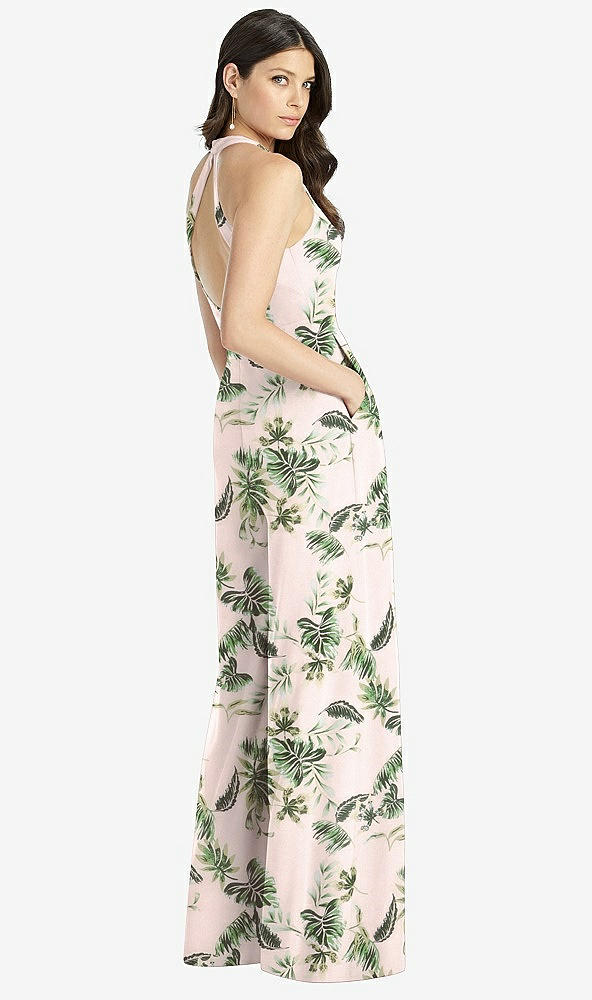 Back View - Palm Beach Print V-Neck Backless Pleated Front Jumpsuit