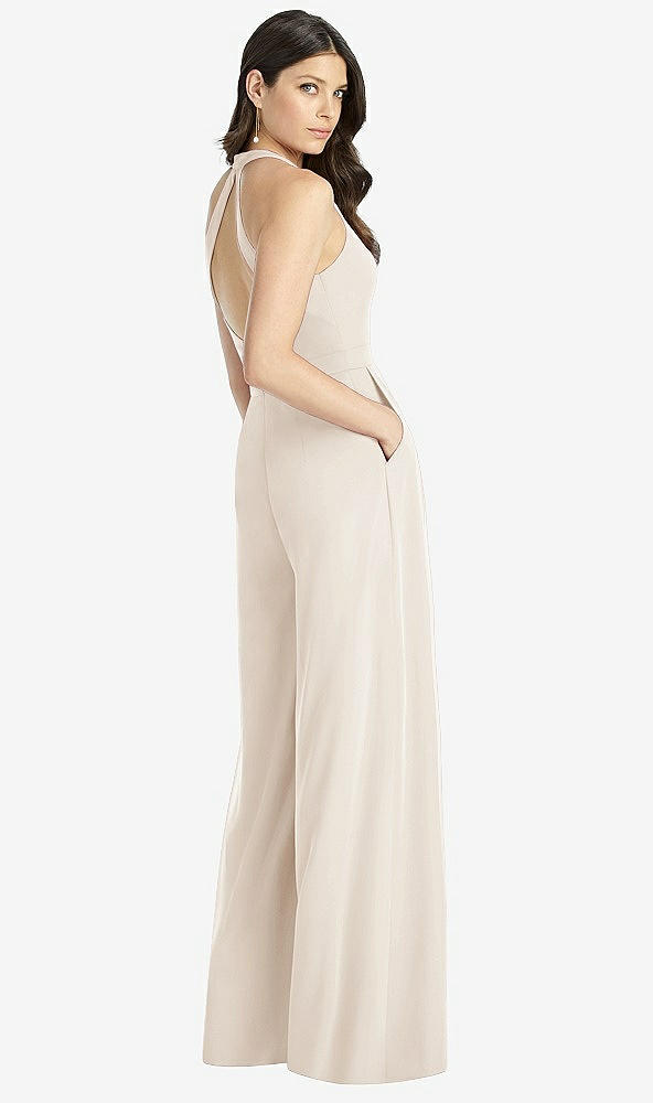 Back View - Oat V-Neck Backless Pleated Front Jumpsuit