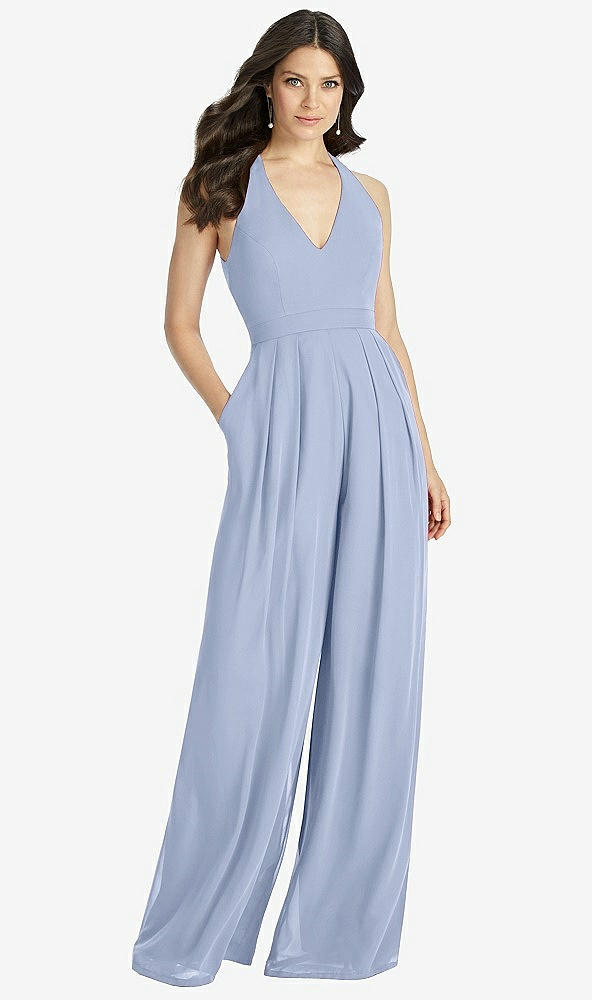Front View - Sky Blue V-Neck Backless Pleated Front Jumpsuit