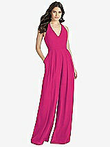Front View Thumbnail - Think Pink V-Neck Backless Pleated Front Jumpsuit