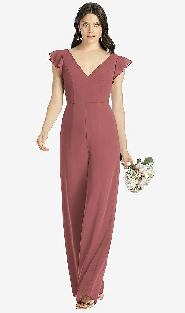 Front View - English Rose Ruffled Sleeve Low V-Back Jumpsuit - Adelaide