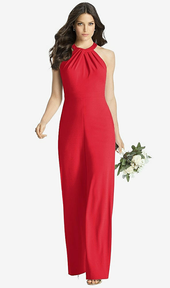 Front View - Parisian Red Wide Strap Stretch Maxi Dress with Pockets