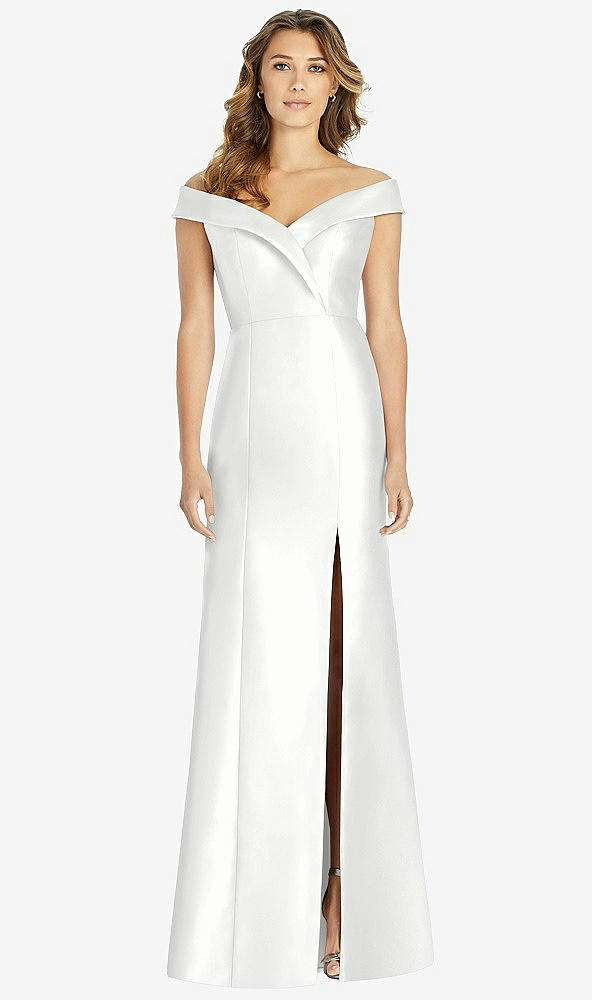 Front View - White Off-the-Shoulder Cuff Trumpet Gown with Front Slit