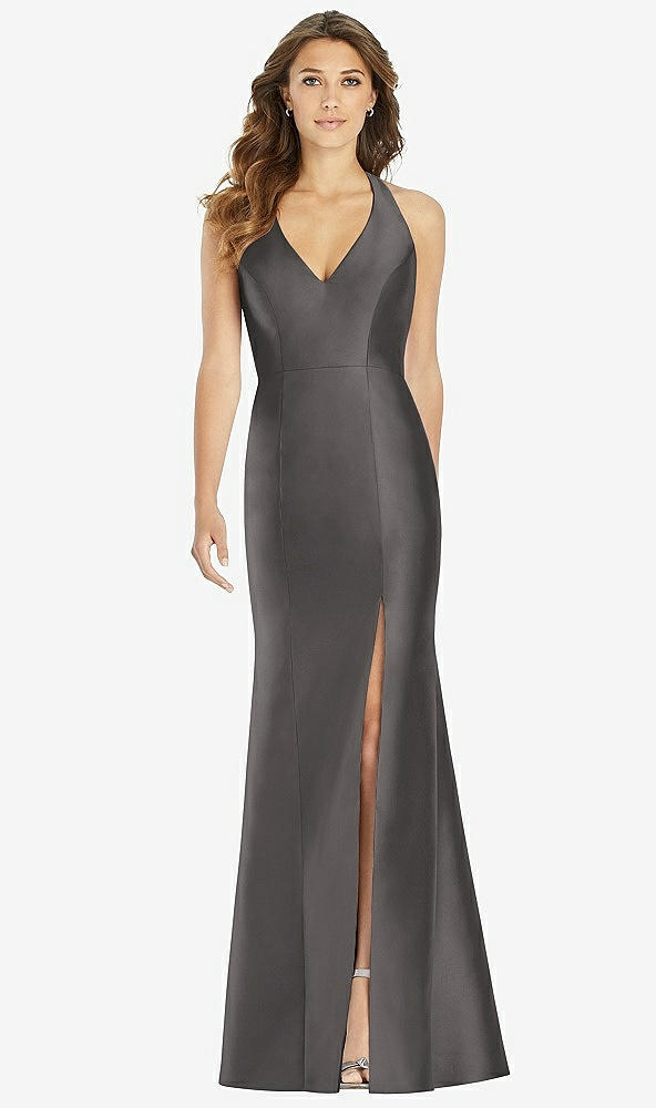 Front View - Caviar Gray V-Neck Halter Satin Trumpet Gown
