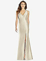 Front View Thumbnail - Champagne V-Neck Halter Satin Trumpet Gown