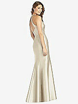 Rear View Thumbnail - Champagne V-Neck Halter Satin Trumpet Gown