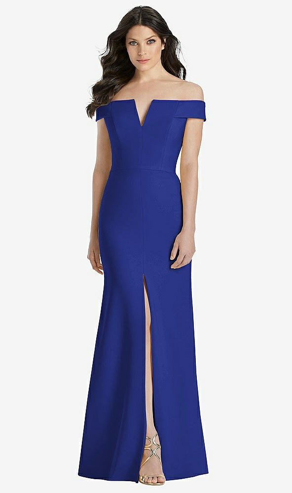 Front View - Cobalt Blue Off-the-Shoulder Notch Trumpet Gown with Front Slit