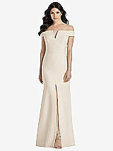 Front View Thumbnail - Oat Off-the-Shoulder Notch Trumpet Gown with Front Slit