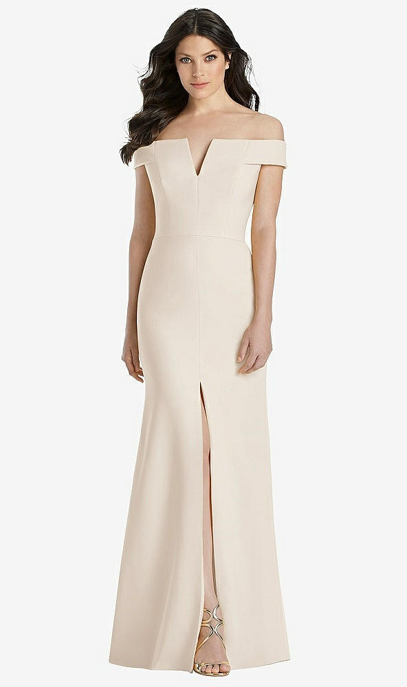 Front View - Oat Off-the-Shoulder Notch Trumpet Gown with Front Slit