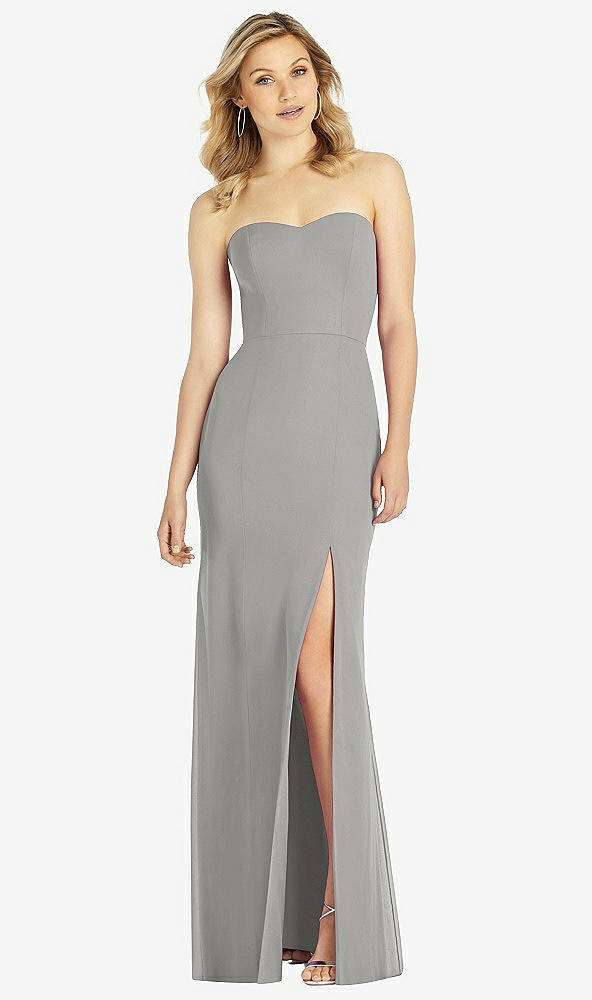 Front View - Chelsea Gray Strapless Chiffon Trumpet Gown with Front Slit