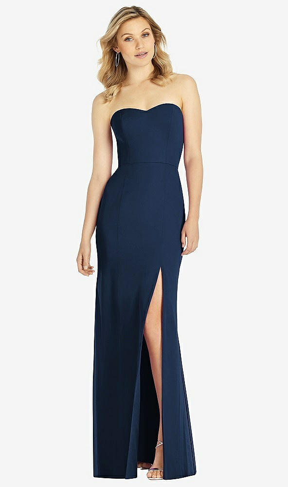 Front View - Midnight Navy Strapless Chiffon Trumpet Gown with Front Slit
