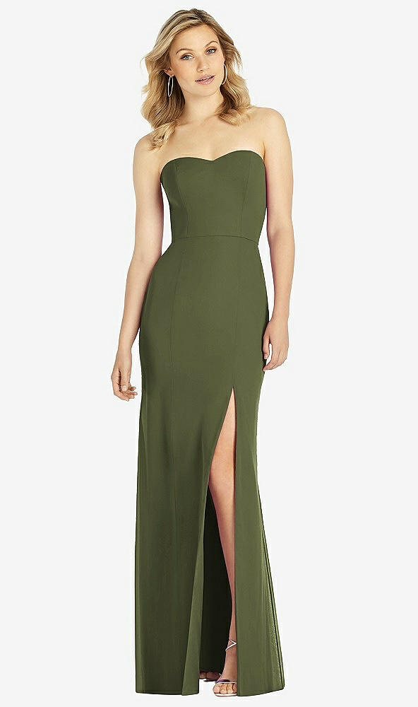 Front View - Olive Green Strapless Chiffon Trumpet Gown with Front Slit