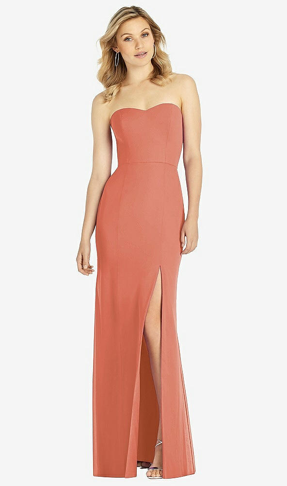 Front View - Terracotta Copper Strapless Chiffon Trumpet Gown with Front Slit
