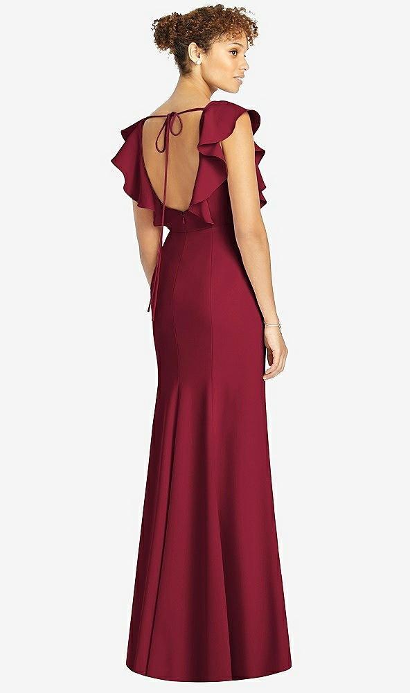 Back View - Burgundy Ruffle Cap Sleeve Open-back Trumpet Gown