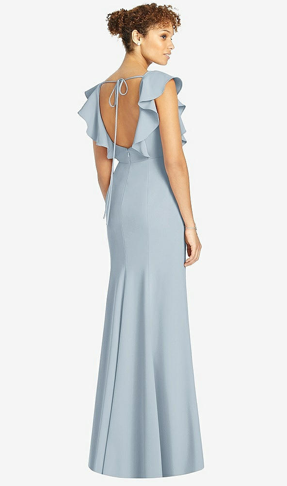 Back View - Mist Ruffle Cap Sleeve Open-back Trumpet Gown