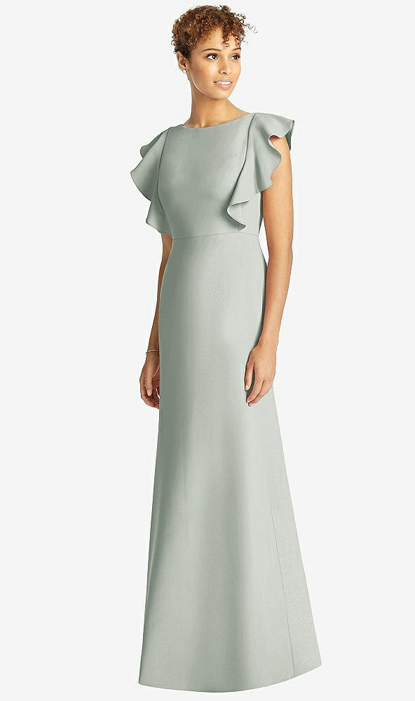 Front View - Willow Green Ruffle Cap Sleeve Open-back Trumpet Gown