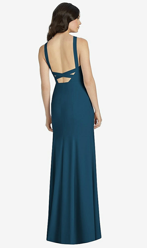 Back View - Atlantic Blue High-Neck Backless Crepe Trumpet Gown