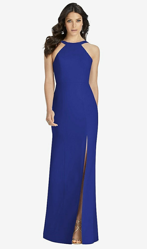 Front View - Cobalt Blue High-Neck Backless Crepe Trumpet Gown