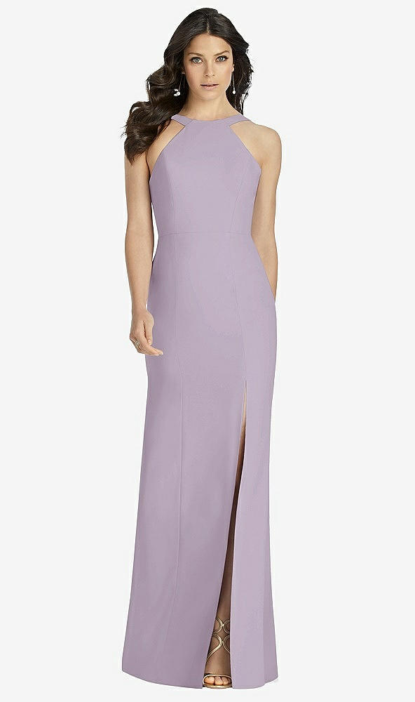 Front View - Lilac Haze High-Neck Backless Crepe Trumpet Gown