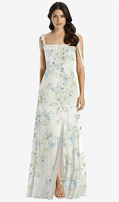 Tie shoulder Chiffon Maxi Bridesmaid Dress With Front Slit In Bleu