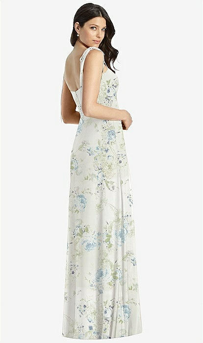 Tie shoulder Chiffon Maxi Bridesmaid Dress With Front Slit In Bleu