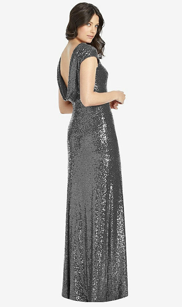 Front View - Stardust Cap Sleeve Cowl-Back Sequin Gown with Front Slit