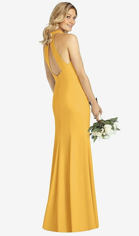 Back View - NYC Yellow High-Neck Cutout Halter Trumpet Gown