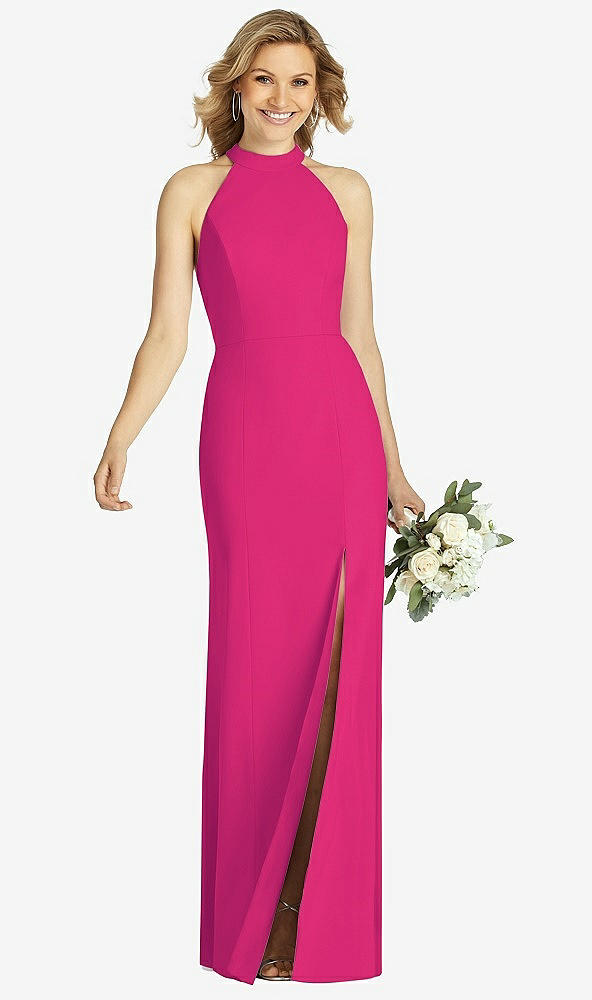 Front View - Think Pink High-Neck Cutout Halter Trumpet Gown