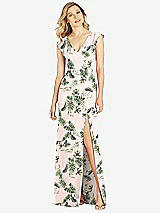 Front View Thumbnail - Palm Beach Print Ruffled Sleeve Mermaid Dress with Front Slit