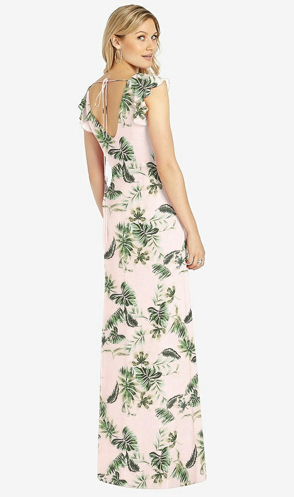Back View - Palm Beach Print Ruffled Sleeve Mermaid Dress with Front Slit