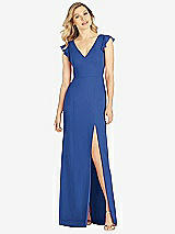 Front View Thumbnail - Classic Blue Ruffled Sleeve Mermaid Dress with Front Slit