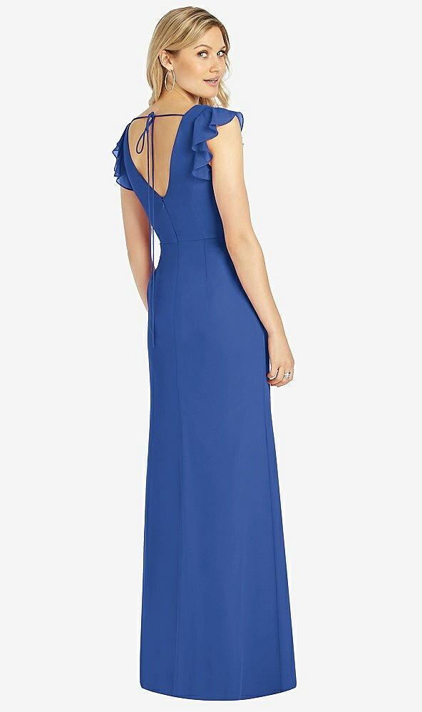 Back View - Classic Blue Ruffled Sleeve Mermaid Dress with Front Slit