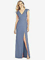 Front View Thumbnail - Larkspur Blue Ruffled Sleeve Mermaid Dress with Front Slit