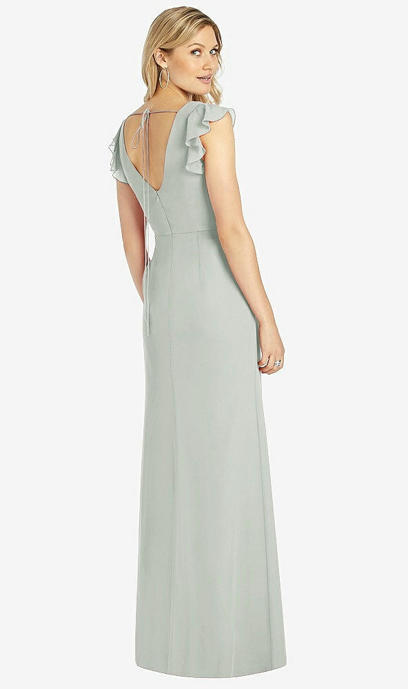 Back View - Willow Green Ruffled Sleeve Mermaid Dress with Front Slit