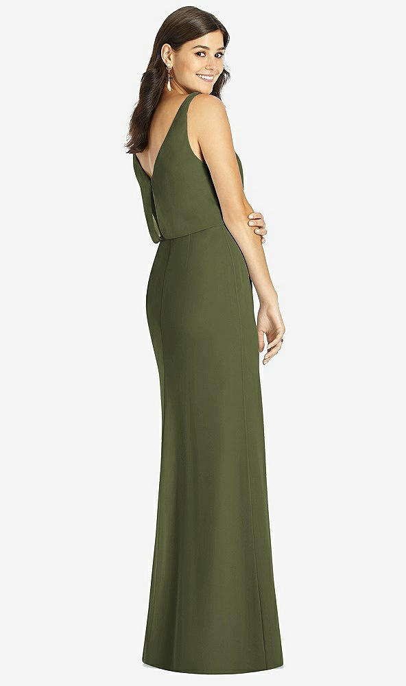 Back View - Olive Green Blouson Bodice Mermaid Dress with Front Slit