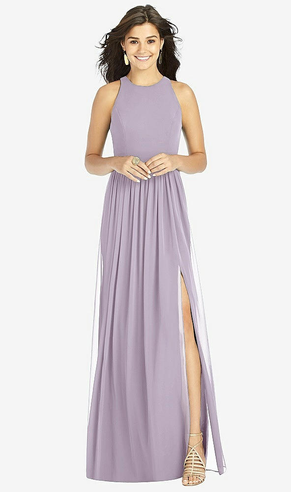 Front View - Lilac Haze Shirred Skirt Jewel Neck Halter Dress with Front Slit