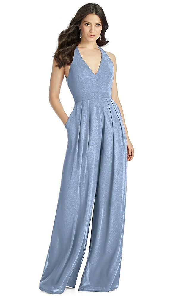 Front View - Cloudy Silver Dessy Shimmer Bridesmaid Jumpsuit Arielle LS