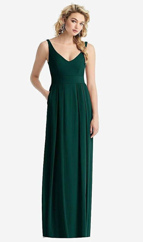 Front View - Evergreen Sleeveless Pleated Skirt Maxi Dress with Pockets
