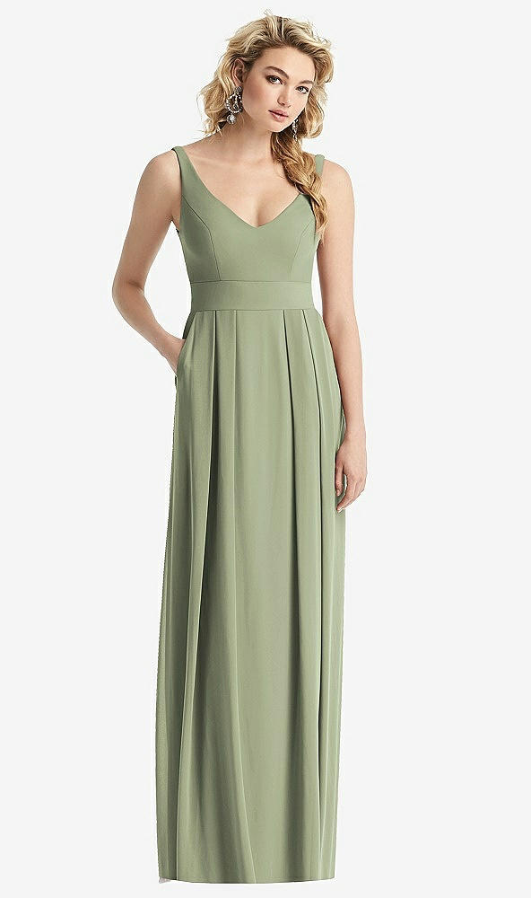 Front View - Sage Sleeveless Pleated Skirt Maxi Dress with Pockets