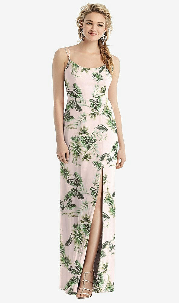 Back View - Palm Beach Print Cowl-Back Double Strap Maxi Dress with Side Slit