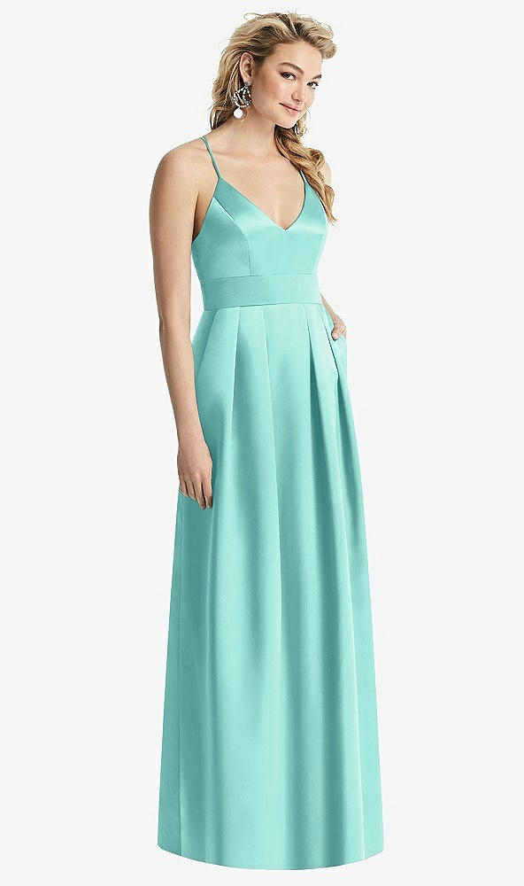 Front View - Coastal Pleated Skirt Satin Maxi Dress with Pockets