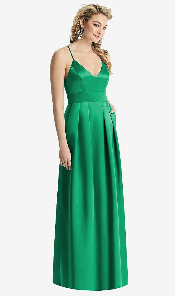 Front View - Pantone Emerald Pleated Skirt Satin Maxi Dress with Pockets