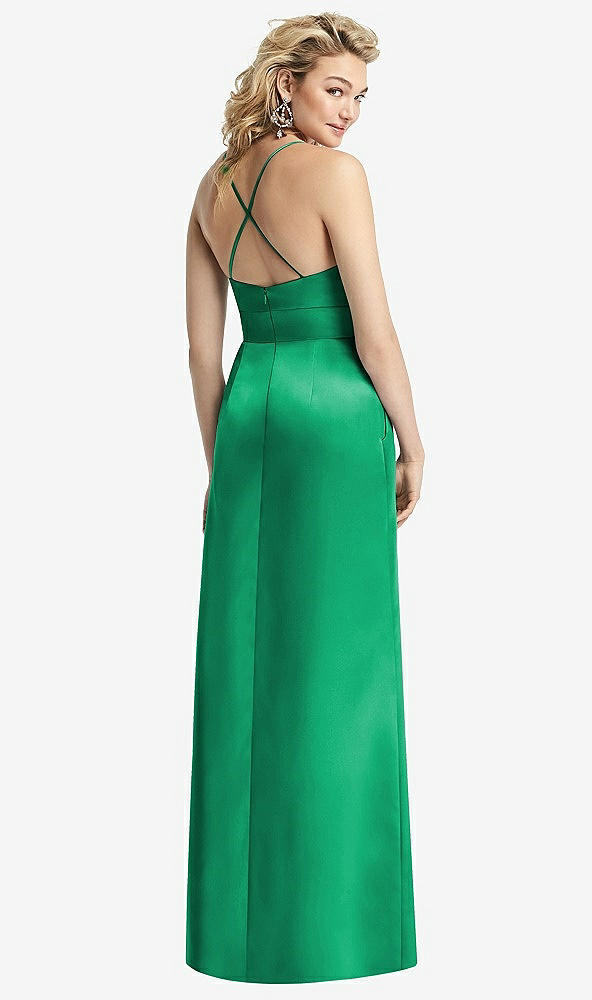 Back View - Pantone Emerald Pleated Skirt Satin Maxi Dress with Pockets