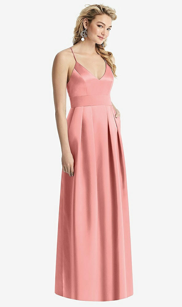 Front View - Apricot Pleated Skirt Satin Maxi Dress with Pockets