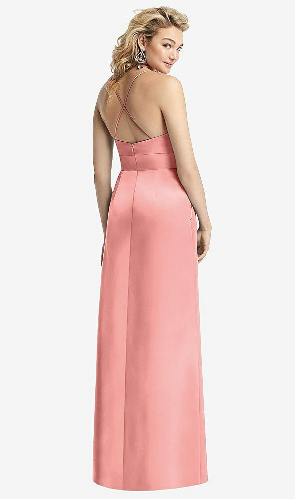 Back View - Apricot Pleated Skirt Satin Maxi Dress with Pockets