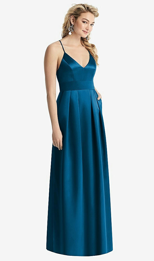 Front View - Ocean Blue Pleated Skirt Satin Maxi Dress with Pockets