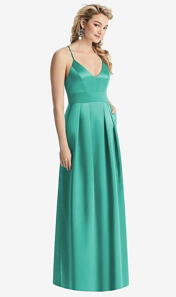 Front View - Pantone Turquoise Pleated Skirt Satin Maxi Dress with Pockets