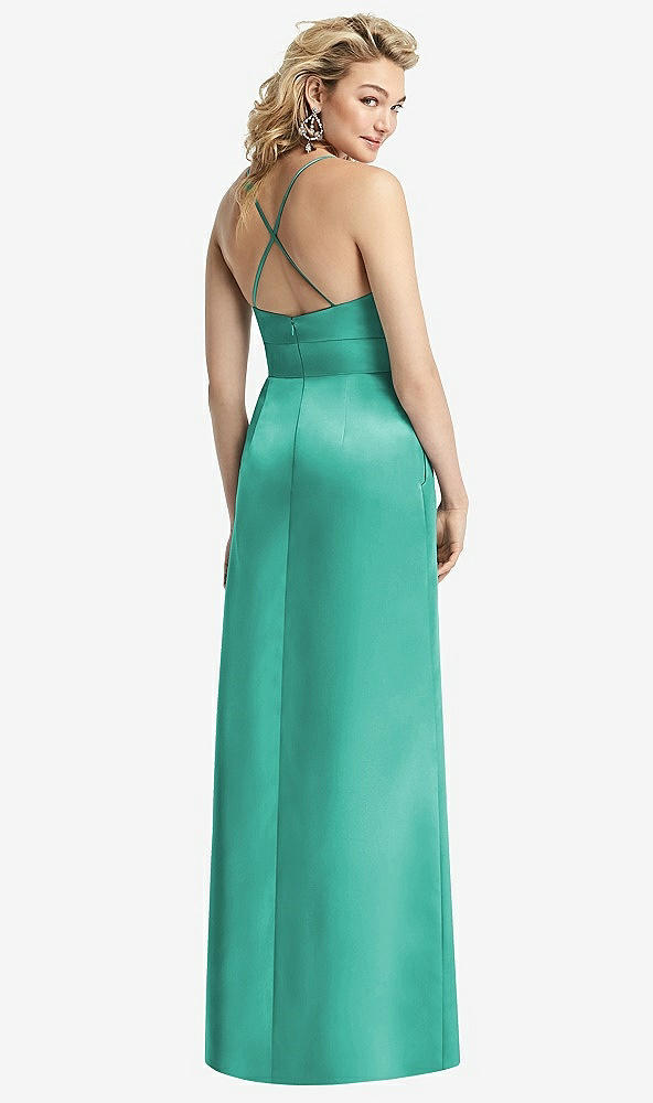 Back View - Pantone Turquoise Pleated Skirt Satin Maxi Dress with Pockets
