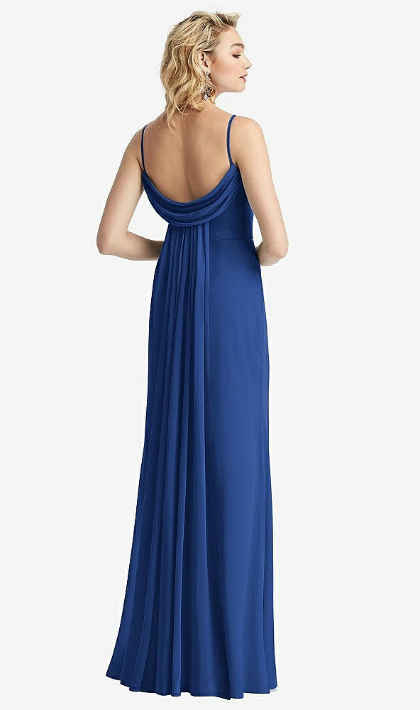 Front View - Classic Blue Shirred Sash Cowl-Back Chiffon Trumpet Gown