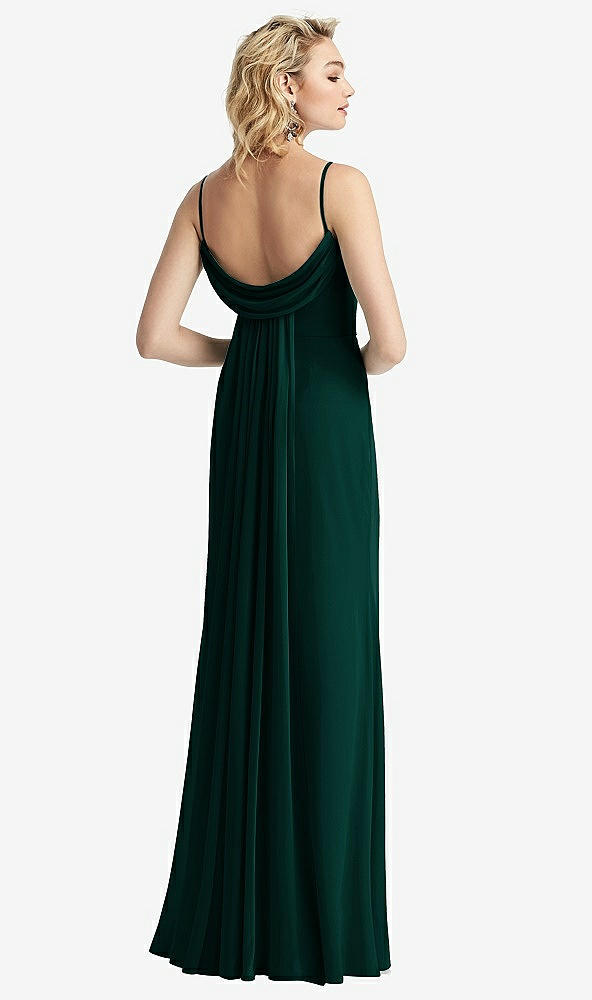 Front View - Evergreen Shirred Sash Cowl-Back Chiffon Trumpet Gown